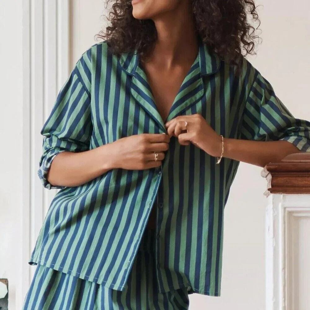 THE GREAT. SLEEP Striped Long Sleeve Button-Front The Pajama Shirt Green Blue 0